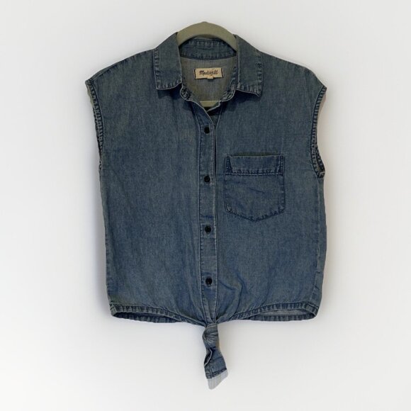 Madewell Denim Blouse Sleeveless XS‎ Blue Button Down Linen Blend Tie Front - Picture 1 of 8